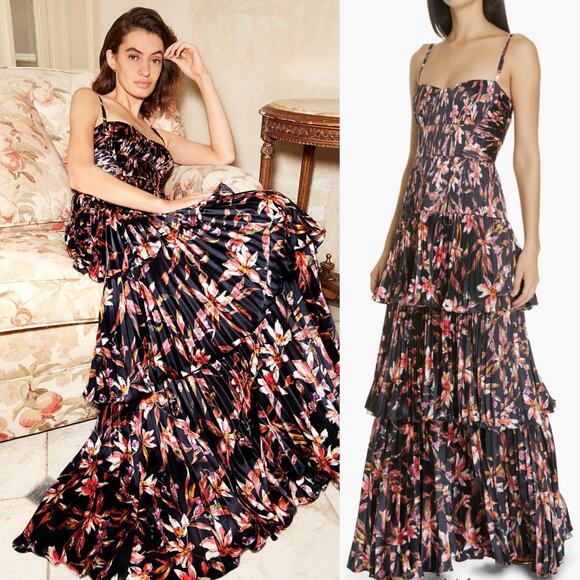 AMUR Londyn Pleated Tiered Maxi Dress Black Floral Size 8 Women's Preowned - Picture 1 of 12